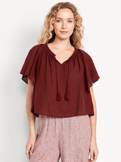 Crinkle Gauze Tassel-Tie Shirred Top
