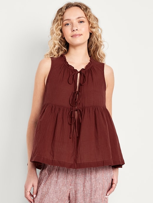 Image number 1 showing, Sleeveless Crinkle Gauze Tie-Front Top