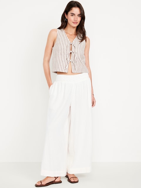 Pantalon à jambe très large en mélange de lin à taille basse moyenne