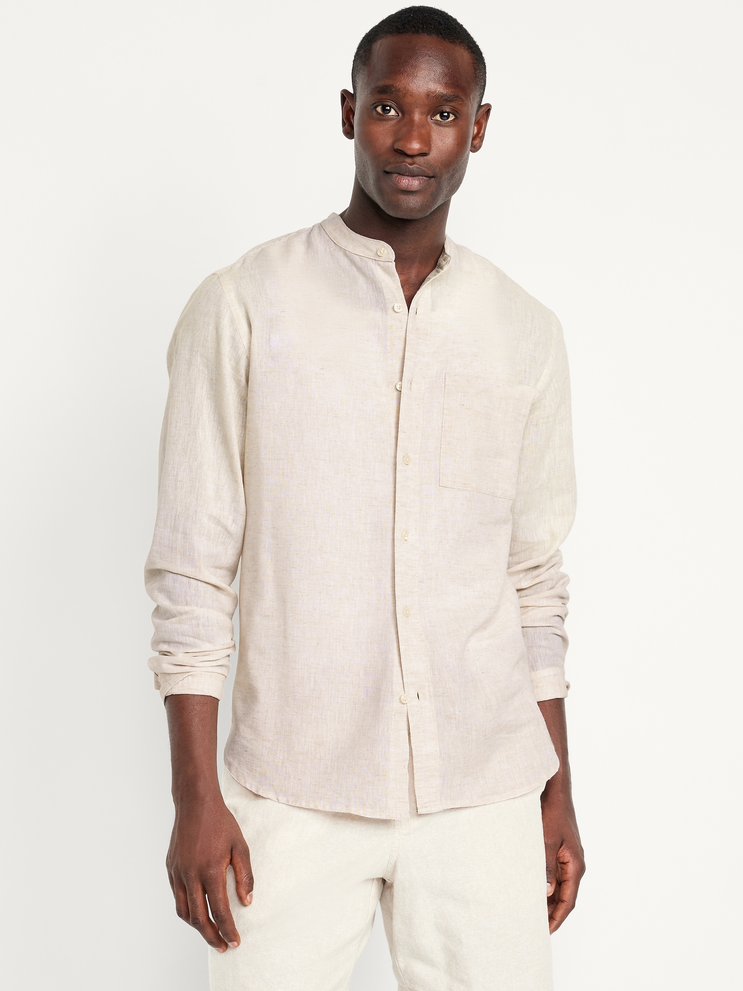 Banded-Collar Linen-Blend Shirt