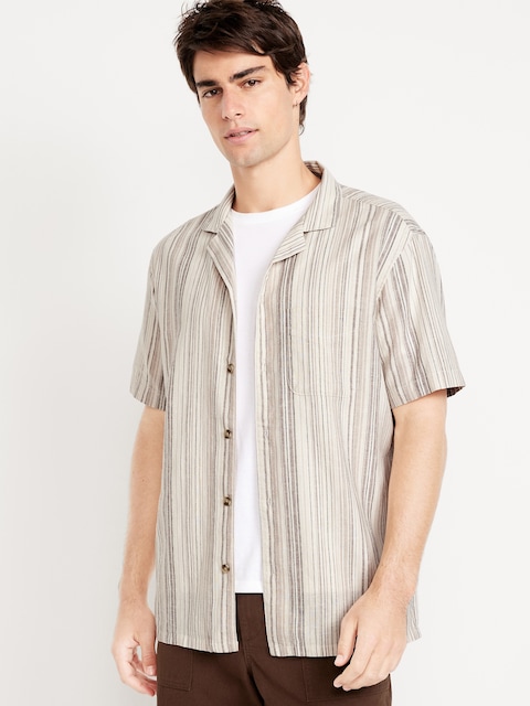 Short-Sleeve Linen-Blend Striped Camp Shirt