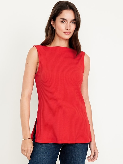 Image number 1 showing, Slit-Neck Ribbed Top