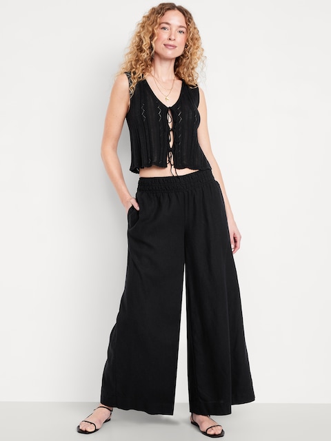 Pantalon à jambe très large en mélange de lin à taille basse moyenne