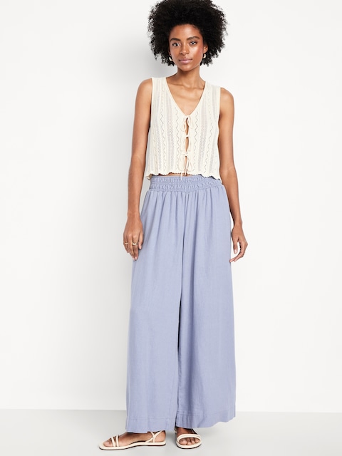 Pantalon à jambe très large en mélange de lin à taille basse moyenne