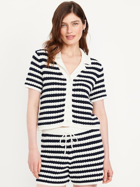 Button-Down Crochet Sweater - Blue