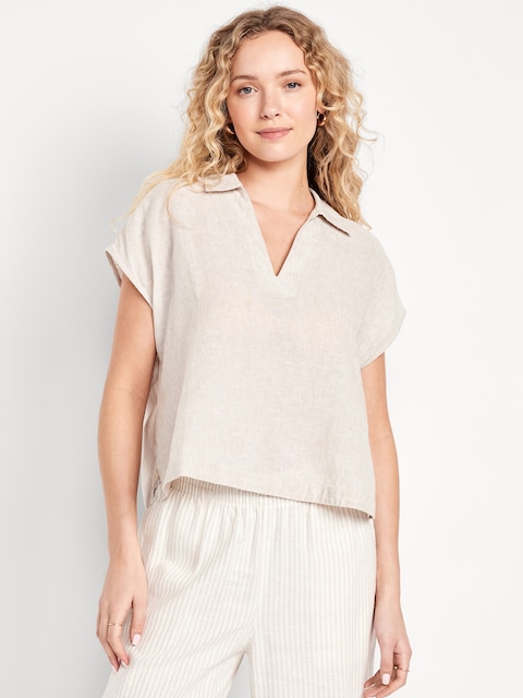 Linen-Blend Cropped Popover Shirt