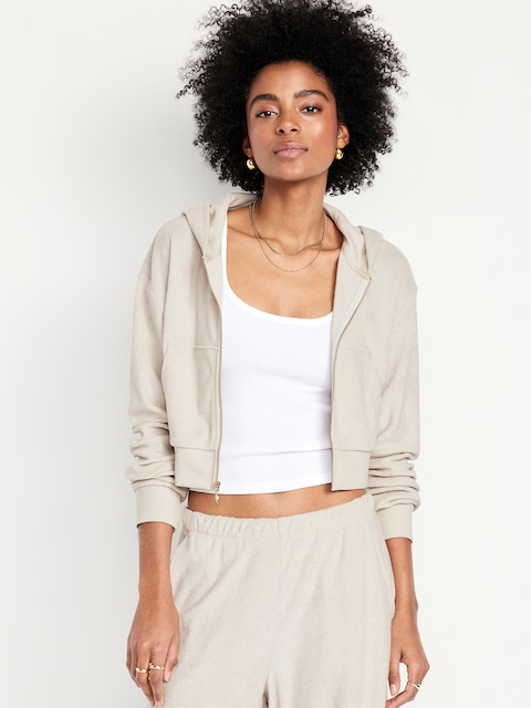 Veste à capuchon courte en jersey bouclette