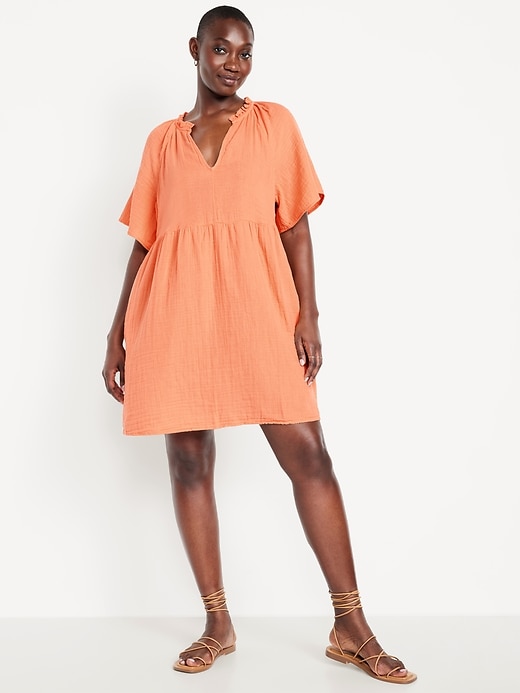 Image number 3 showing, Split-Neck Crinkle Gauze Mini Swing Dress