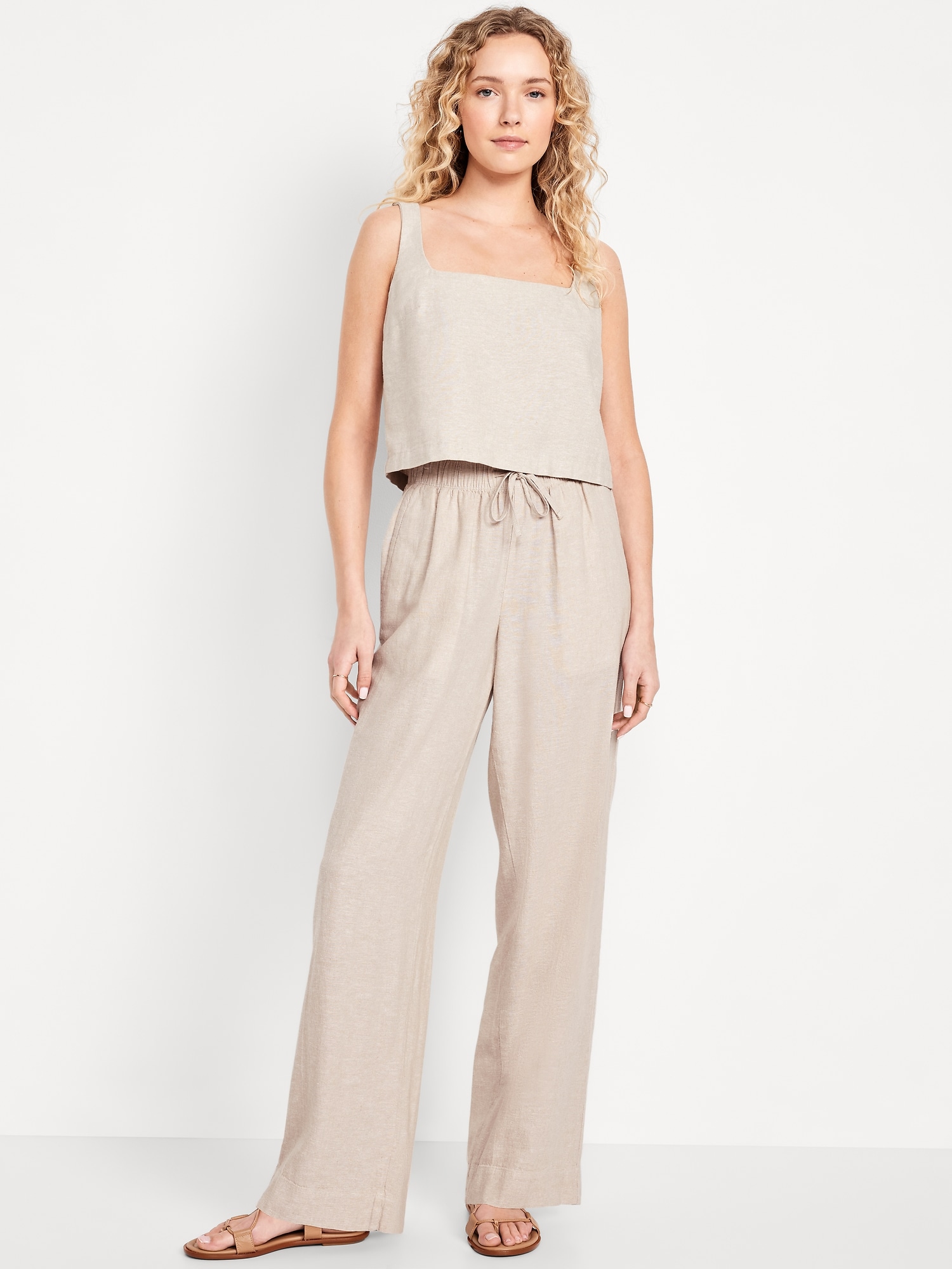High-Waisted Linen-Blend Straight Pants