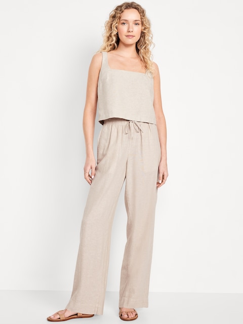 High-Waisted Linen-Blend Straight Pants