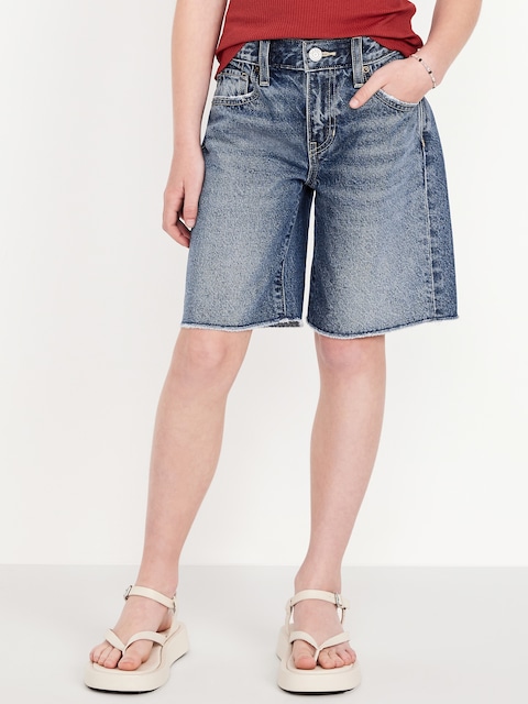 Baggy Frayed-Hem Bermuda Jean Shorts for Girls