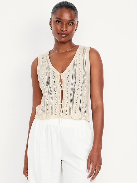 Image number 1 showing, Sleeveless Crochet Tie-Front Top