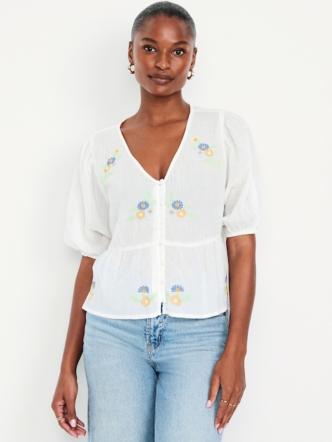 Haut boutonné brodé en gaze froissée
