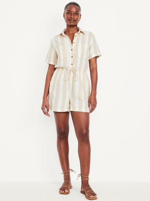 Crinkle Gauze Button-Down Romper