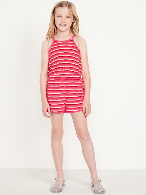 Waist-Defined Terry Romper for Girls - Pink