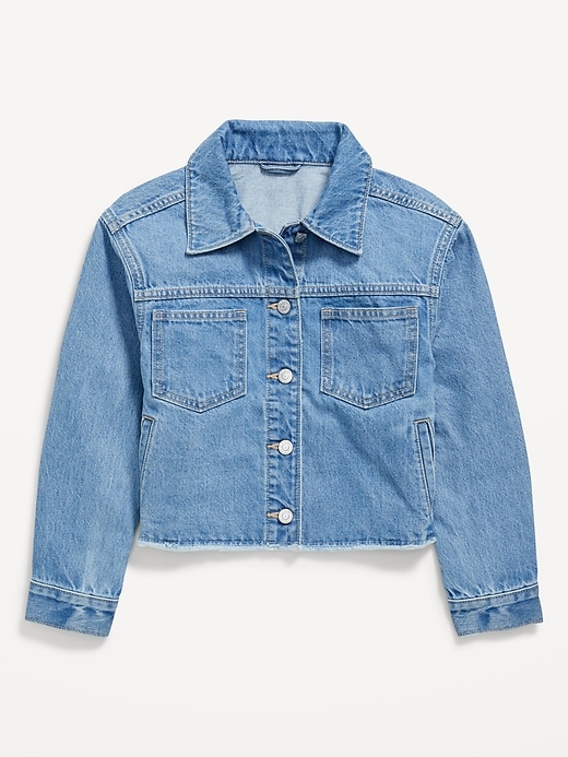 View large product image 2 of 3. Oversized Floral-Back Cut-Off Jean Jacket for Girls