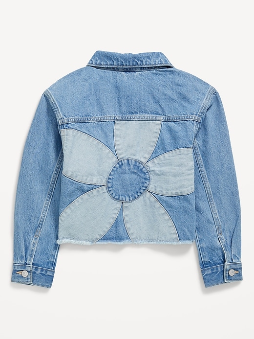 Image number 3 showing, Oversized Floral-Back Cut-Off Jean Jacket for Girls