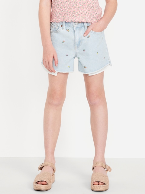 High-Waisted Embroidered Frayed-Hem Jean Shorts for Girls