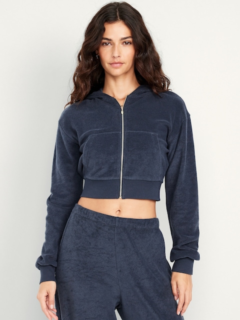 Veste à capuchon courte en jersey bouclette