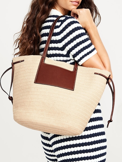 View large product image 2 of 3. Faux-Leather Drawstring Straw Tote