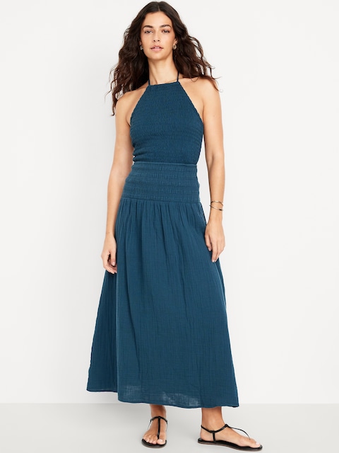 High-Waisted Crinkle Gauze Smocked Maxi Skirt