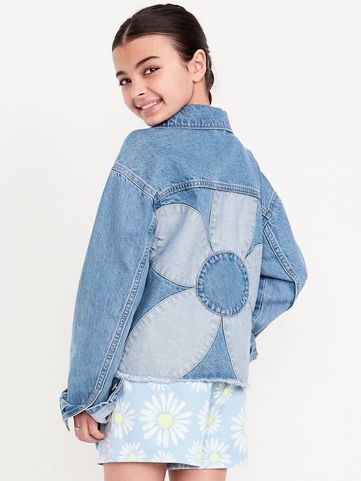 View large product image 1 of 3. Oversized Floral-Back Cut-Off Jean Jacket for Girls