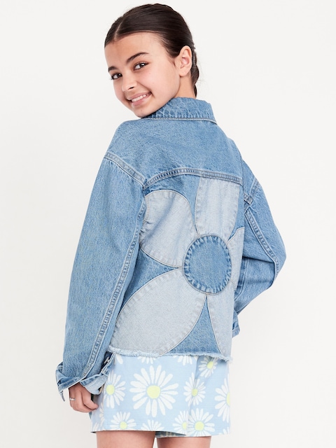 Veste courte surdimensionnée en denim ornée de fleurs au dos pour fille