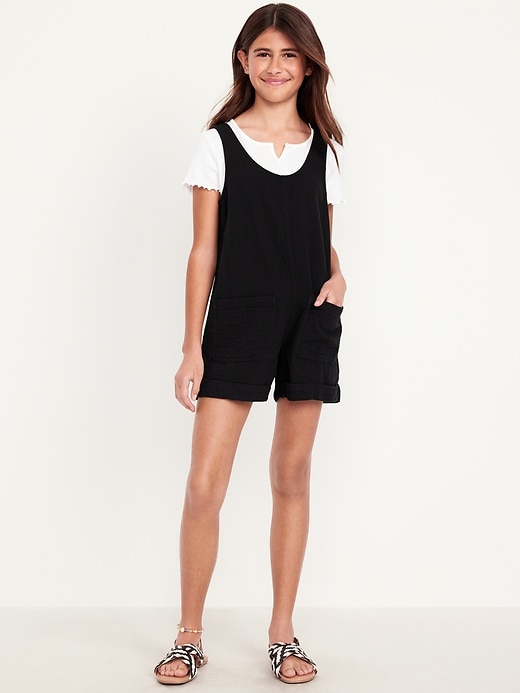 View large product image 1 of 3. Sleeveless Double-Weave Pocket Romper for Girls