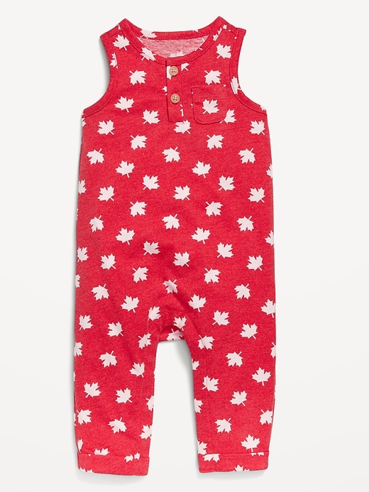 View large product image 1 of 1. Printed Sleeveless Pocket Henley Jumpsuit for Baby