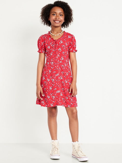 Printed Short-Sleeve Button-Front Fit and Flare Dress for Girls