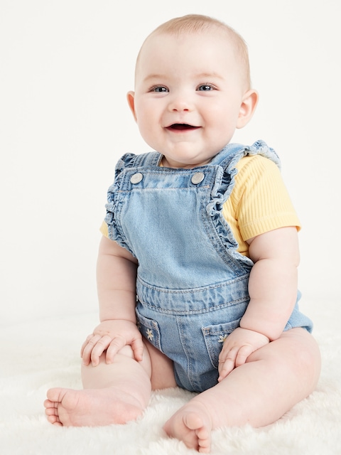 Ruffle-Trim Jean Pocket Shortalls for Baby