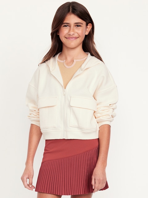 Cropped Zip-Front Cargo Pocket Hoodie for Girls