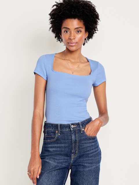 Square-Neck Ribbed T-Shirt - Blue