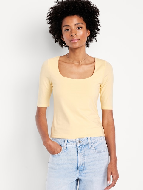 Double-Layer Elbow-Sleeve Scoop-Neck T-Shirt - Multi