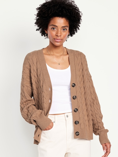 Slouchy Cable-Knit Cardigan Sweater