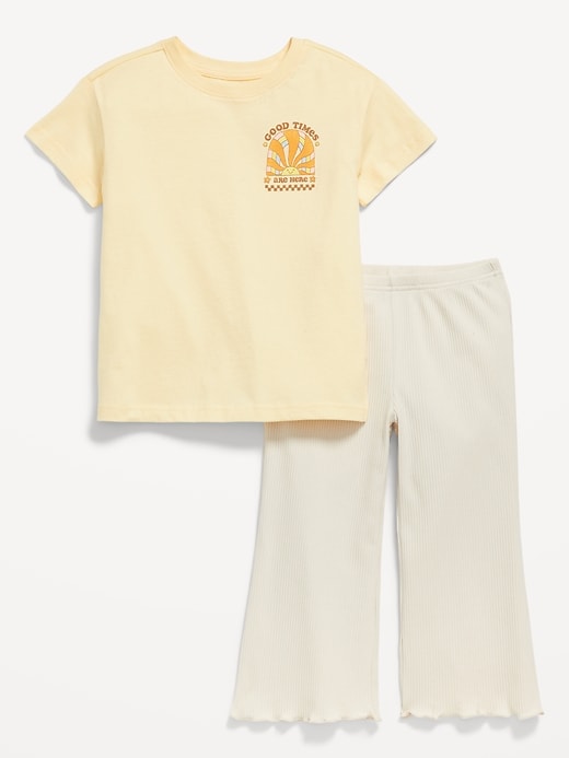 View large product image 1 of 2. Oversized Graphic T-Shirt and Ribbed Flare Leggings Set for Toddler Girls