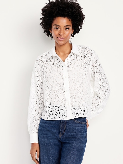 Image number 1 showing, Cropped Lace Button-Down Shirt