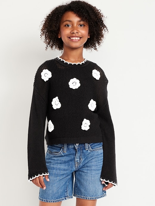 View large product image 1 of 4. Long-Sleeve Crochet-Floral Sweater for Girls