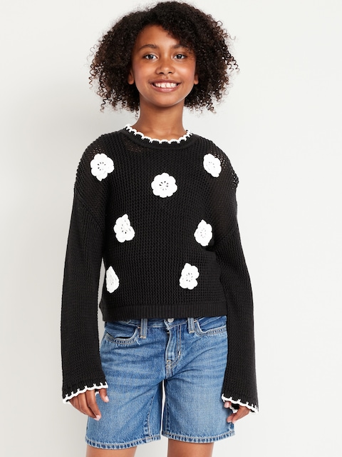 Long-Sleeve Crochet-Floral Sweater for Girls