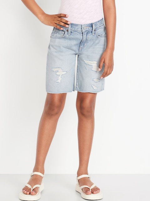 Baggy Frayed-Hem Bermuda Jean Shorts for Girls