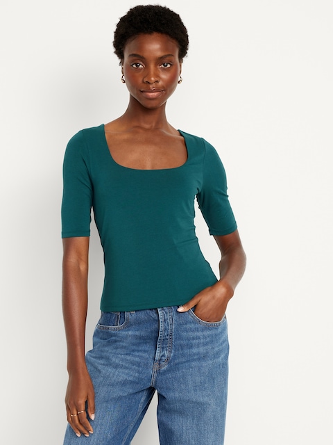 Double-Layer Elbow-Sleeve Scoop-Neck T-Shirt - Blue