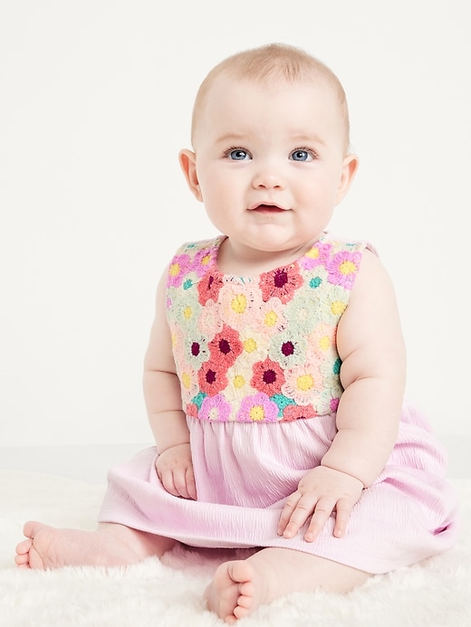 View large product image 1 of 2. Sleeveless Crochet-Panel Dress and Shorts Set for Baby