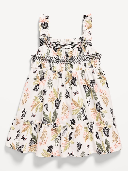 View large product image 1 of 2. Printed Sleeveless Ruffle-Trim Smocked Dress for Baby