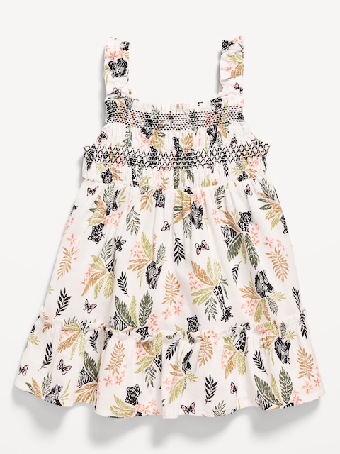 Printed Sleeveless Ruffle-Trim Smocked Dress for Baby