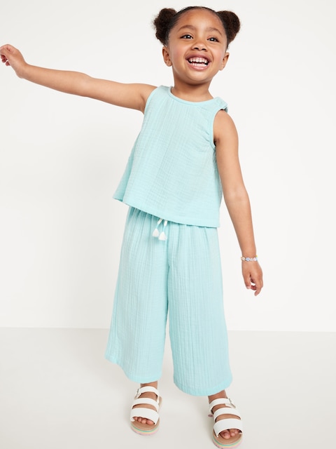 Sleeveless Double-Weave Top and Wide-Leg Pants Set for Toddler Girls