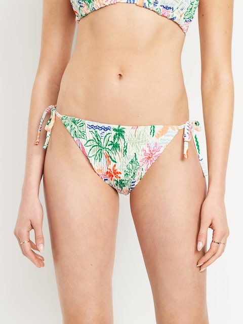 Mid-Rise Textured String Bikini Swim Bottoms - Pink
