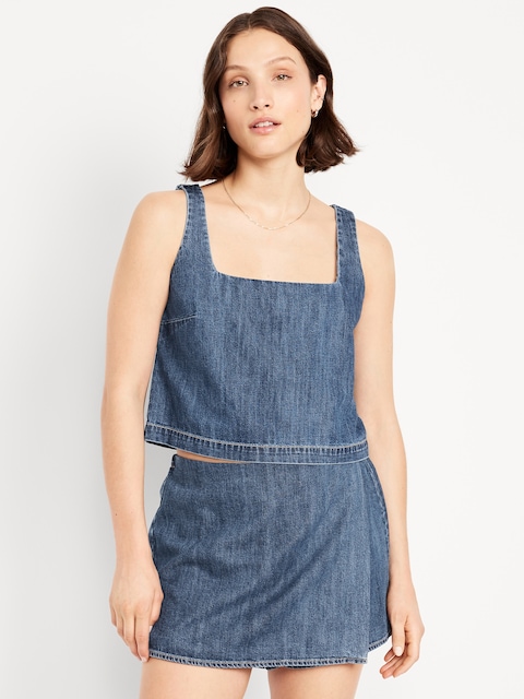 Haut court en denim à encolure carrée