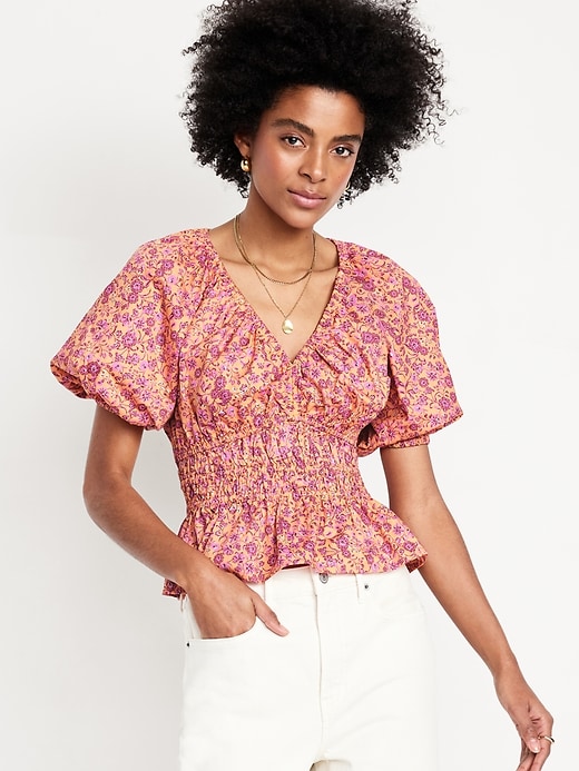 Image number 1 showing, Smocked V-Neck Peplum Top
