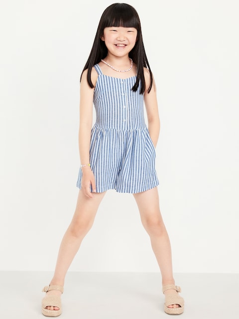 Sleeveless Linen-Blend Button-Front Romper for Girls