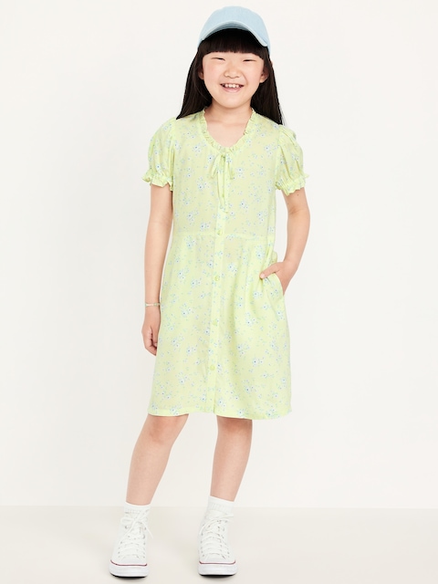Printed Short-Sleeve Button-Front Fit and Flare Dress for Girls